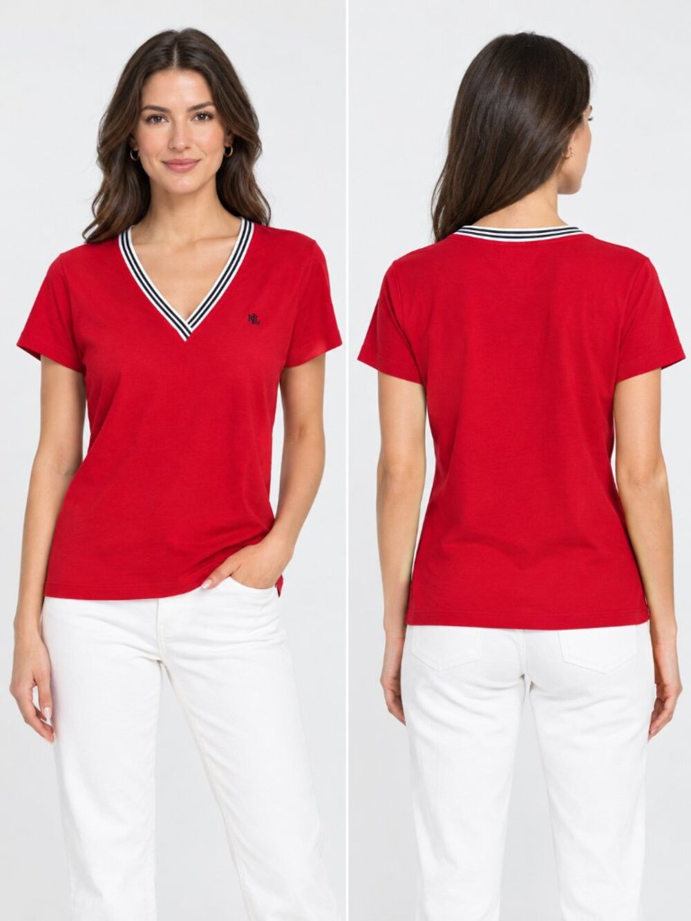 Ralph Lauren Women's Short Sleeve V-Neck Polo Red Black & White Stripes L